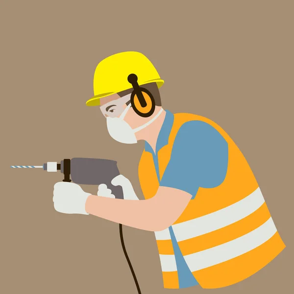 Werknemer boor in helm vector illustratie vlakke stijl profiel — Stockvector