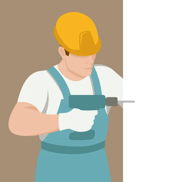 Worker drill  in helmet  vector illustration flat style  profile — Stock Vector