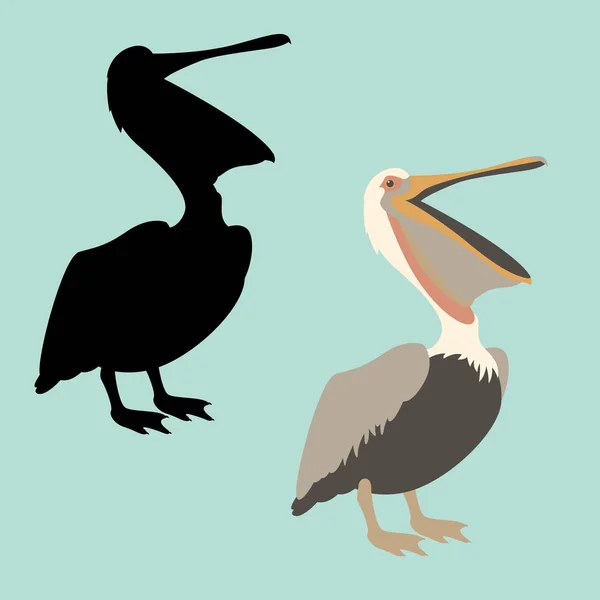 Pelican vettoriale illustrazione stile piatto nero silhouette — Vettoriale Stock