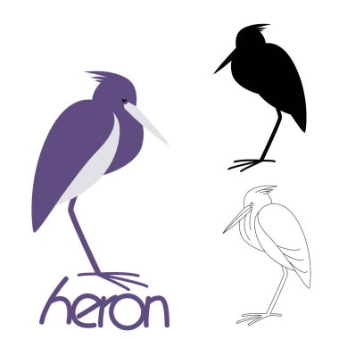 heron kuşu, vektör illüstrasyonu, düz stil, siluet ve çizgi çizim