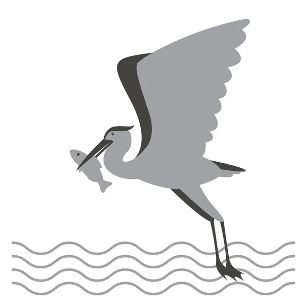 Чапля Рибою Дзьобі Векторні Ілюстрації Плоский Стиль Сторона Профілю — стоковий вектор