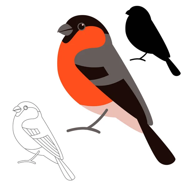 Bullfinch Uccello Illustrazione Vettoriale Stile Piatto Silhouette Nera Insieme — Vettoriale Stock