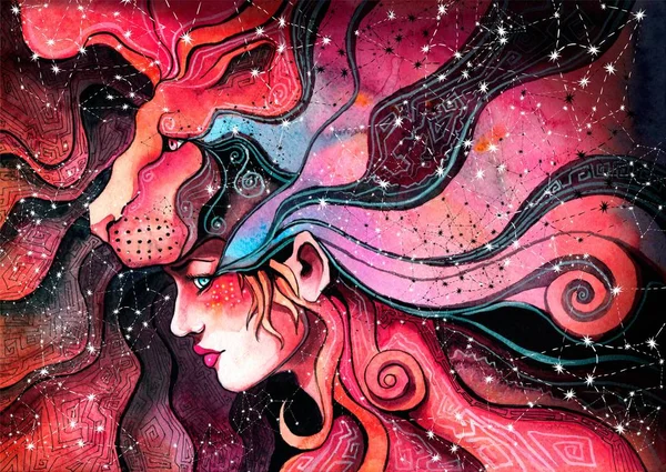 Watercolor girl in the mask of a lion symbolizes the zodiac sign Royalty Free Stock Photos