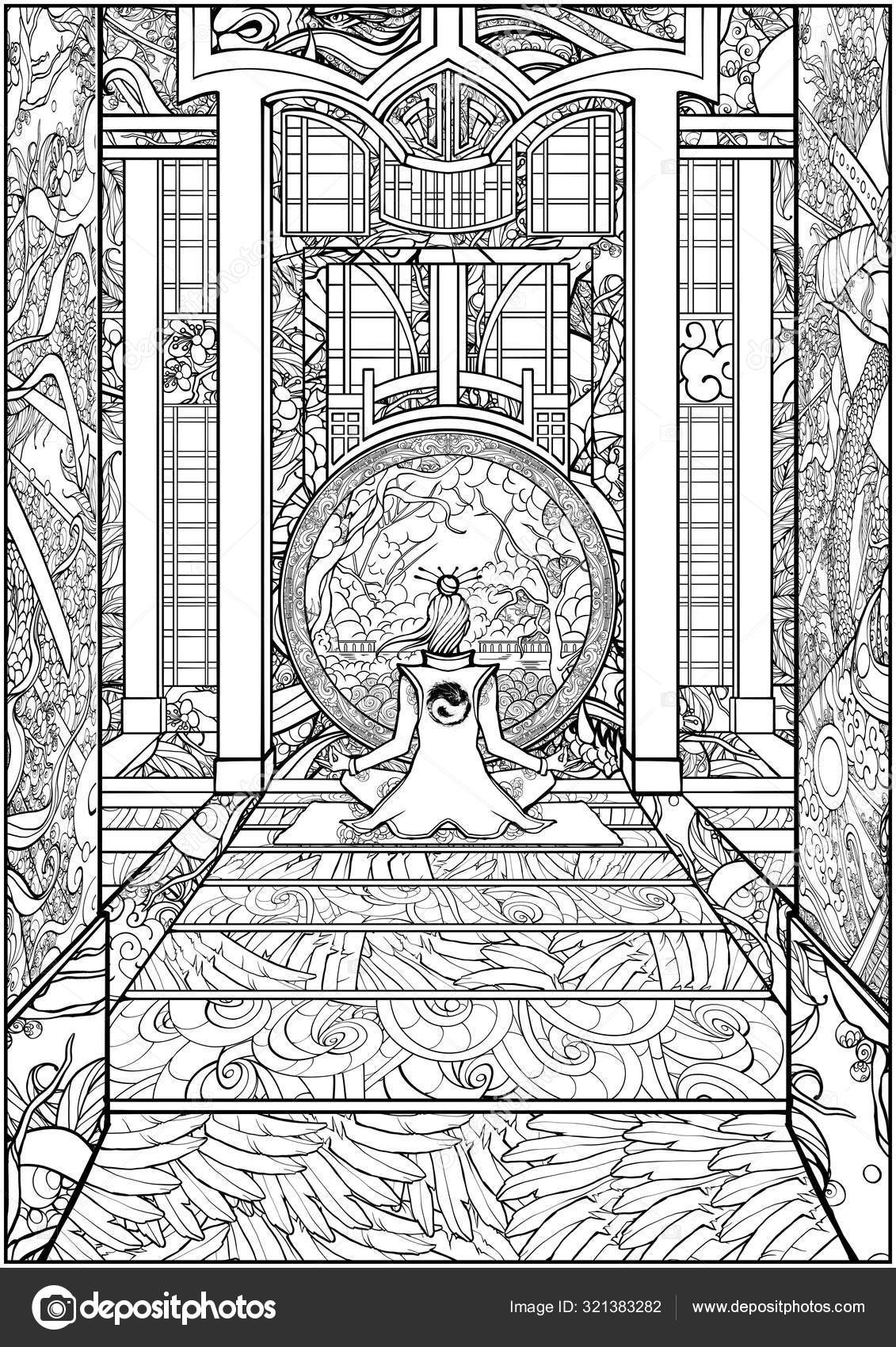 Download Coloring Book Adults Meditating Girl Beautiful Japanese Temple Entrance Sitting Stock Photo Image By C Warmtail 321383282