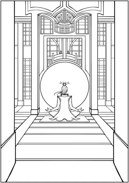 Coloring book for adults. Meditating girl in a beautiful Japanese temple with a round entrance, sitting in the Lotus position on the Mat, back to the viewer . 2D illustration