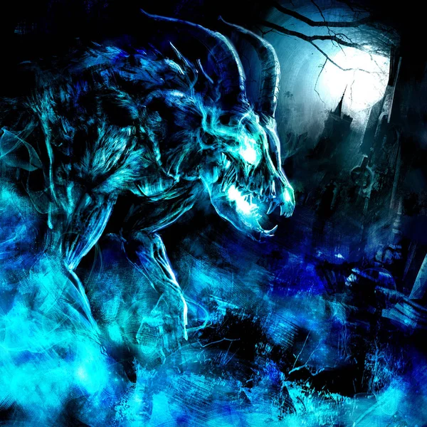 A creepy undead with a skull of an animal, horned and muscular, rises from the grave at the full moon, shrouded in an icy mystical blue fog, against the background of a Gothic castle. 2D illustration