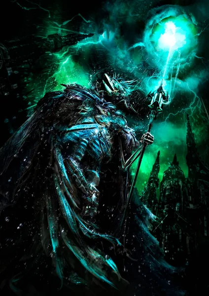 Wizard necromancer, with the body of a skeleton with the head of a bird, in the chest glows mechanical heart, with a magical staff shoots energy into the sky, illuminating it with a bright green light
