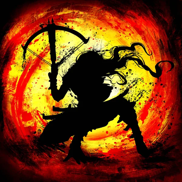 A silhouette, a bounty hunter in a dynamic pose, with long hair and a crossbow in his hand, loaded with two arrows, on a bloody yellow background . 2D Illustration.