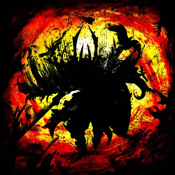 The black silhouette of a knight with a sword and shield escaping from hell, against the background of a yellow-orange tunnel with a bloody funnel . 2D Illustration.