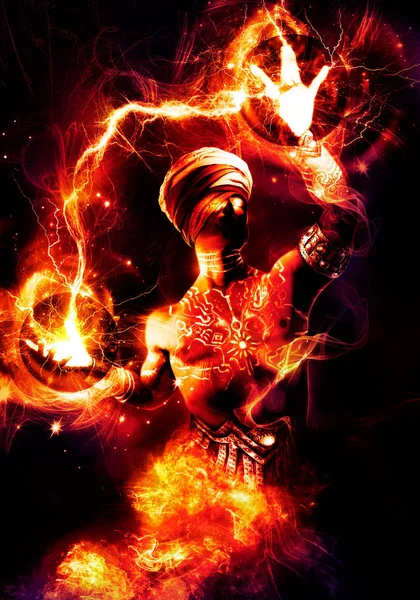 A mighty fire Genie in a turban, with burning eyes and a fiery tail casts fire magic in his hands, on his body glowing mystical tattoos and jewelry . 2D Illustration.