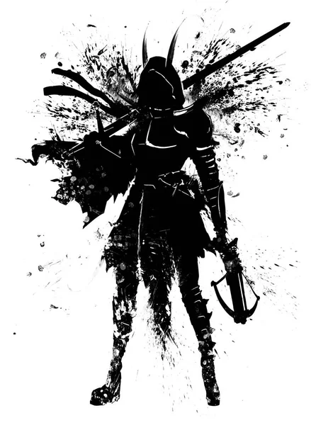 The silhouette of a girl in a hood with a long sword and a crossbow in her hands, in a ragged cloak and armor elements on her chest and shoulders, all covered with blotches and smears of ink. 2D