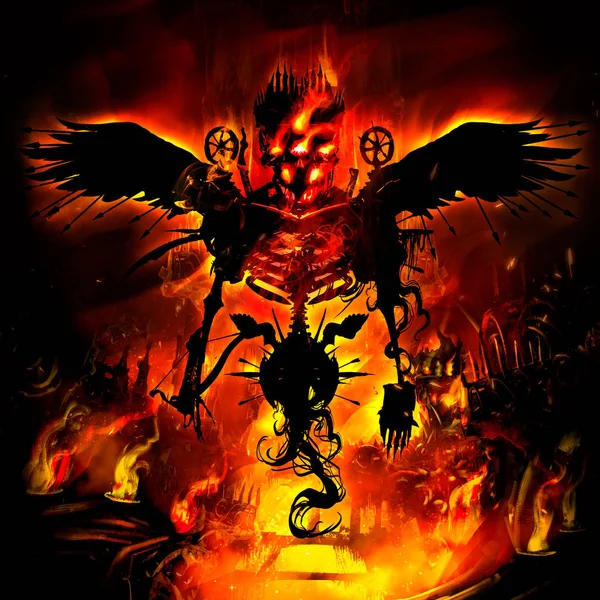 A sinister three-eyed demon skeleton, with a crossbow and spikes all over its body, with fire from its ribs and eyes, hovers on black wings, over a creepy infernal city on fire. 2D illustration