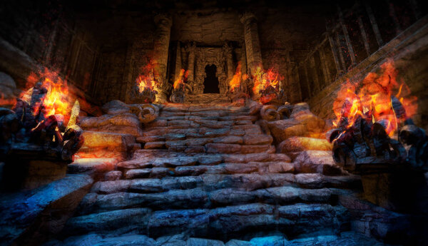 Mystical ancient temple with steps made of stone, on the sides of the stairs are altars with a bright red fire, the entrance to the temple is surrounded by columns, it is dark inside . 2D 