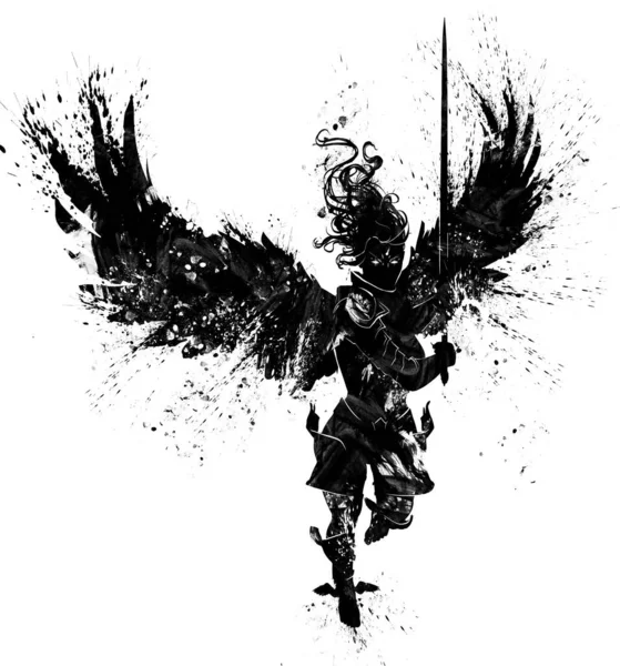 The silhouette of an angel of a woman flying forward with a sword at hand in her hands, in a dynamic pose, her large wings spread wide. Drawn with blots and texture strokes. 2d illustration.