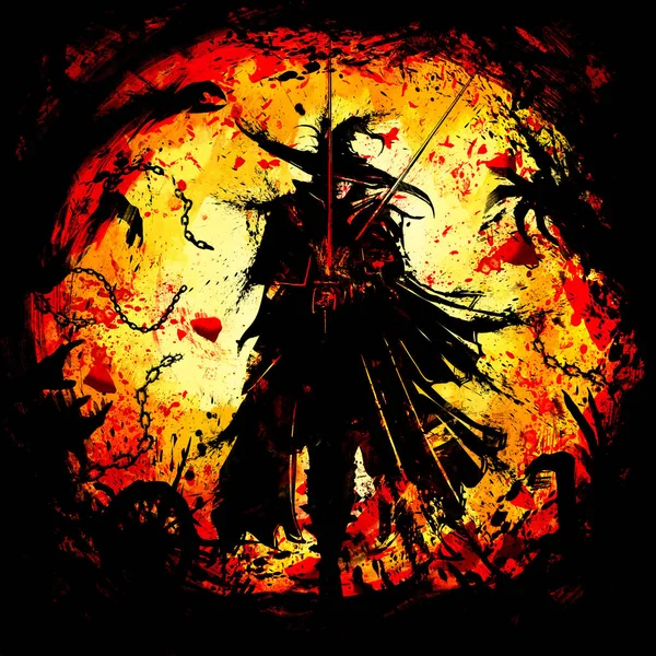 An elegant male duelist with two swords walks gracefully forward, he is dressed in a cloak, he has a pointed hat on his head . It is surrounded by a bloody hell with many demonic silhouettes of hands