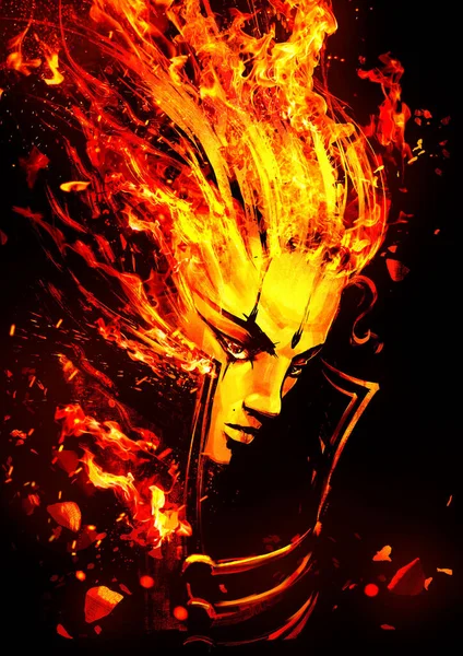 Fiery girl drawn in anime style. sullenly looks out from under the high collar of her leather jacket, her hair and face emit flaming tongues. 2d illustration