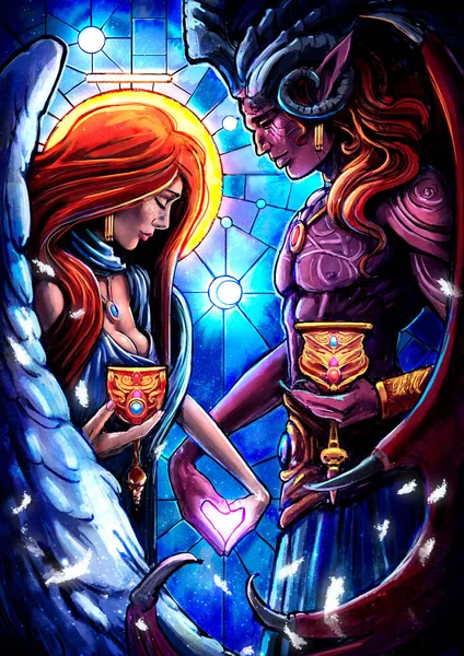Two lovers, an angel and a demon, holding hands forming a silhouette of the heart, symbolizes a card of Tarro deuce cups. 2d illustratio