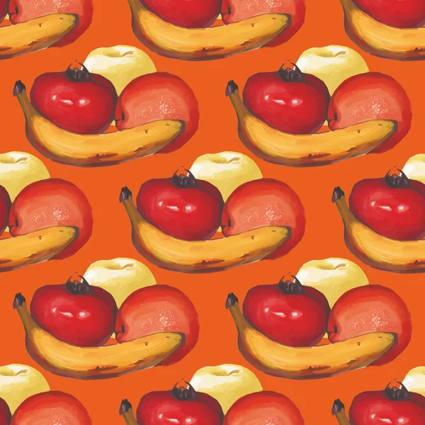 Padrão sem costura aquarela com maçãs, laranjas e uma banana . —  Vetores de Stock