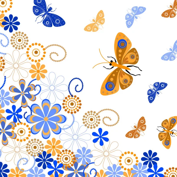 Fondo decorativo con mariposas y flores . — Vector de stock