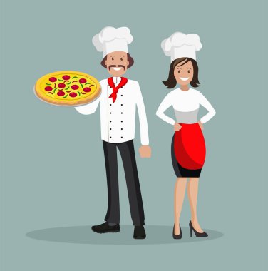 Şef pizza ile bir kadın ve bir erkek var. Düz bir tasarım vektör çizim.