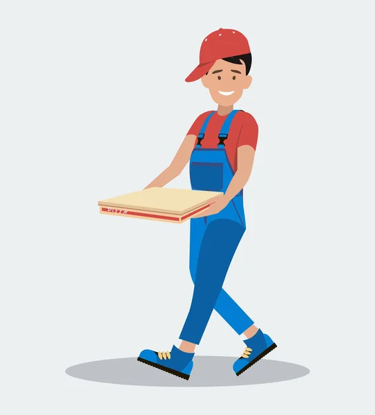 Az ember siet-hoz szállít a pizza. A fogalom az élelmiszer-szolgáltatás. Stílus lapos. — Stock Vector