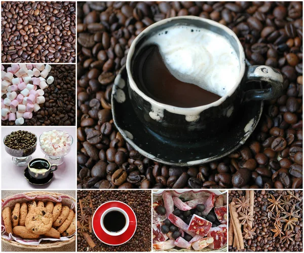 Collage, Kaffee, Gewürze, Süßigkeiten. — Stockfoto