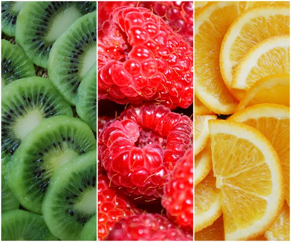 Kollázs, bogyók, gyümölcsök. Kiwi, narancs, málna. — Stock Fotó