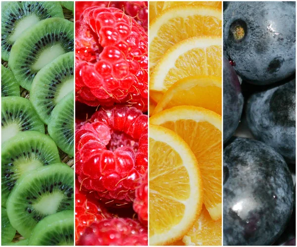 Kollázs, bogyók, gyümölcsök. Kiwi, narancs, málna, áfonya. — Stock Fotó