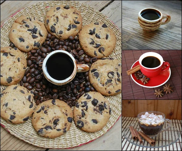 Collage, coffee, biscuits, cinnamon. — Stock Photo, Image