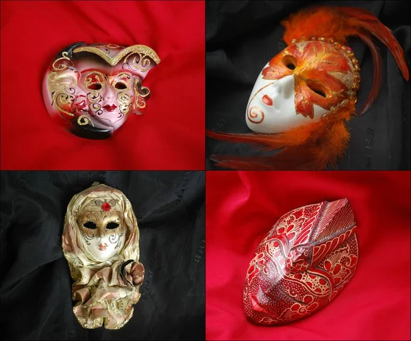 Leuchtende Karnevalsmasken Auf Rotem Und Schwarzem Hintergrund Collage — Stockfoto