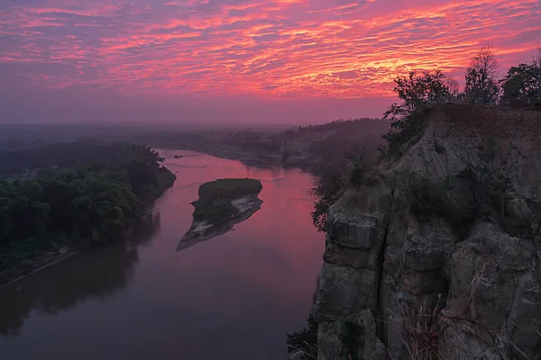 Pha Wing Chur canyon fog in sunrise,Chiang Mai,Thailand by drone — Stock Photo, Image