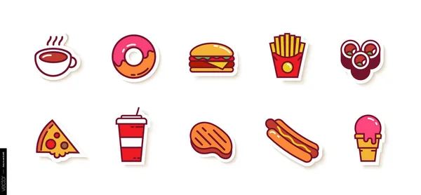 Conjunto de Ícones Coloridos de Pratos Fast Food no Estilo do Material Design com uma Linha Fina e Sombra. Bife, Donuts, pizza, café, batatas fritas, sushi, cachorro quente, sorvete, bebidas frias, hambúrguer — Vetor de Stock