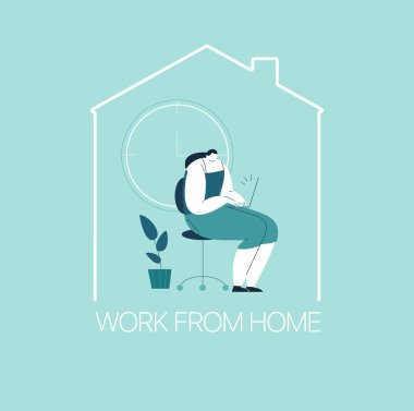 WFH - Evden çalış, ev ofisinden. 2019-nCoV koronavirüs salgını nedeniyle bir çalışan evden çalışıyor. Düz biçimli ince çizgiler çizimi.