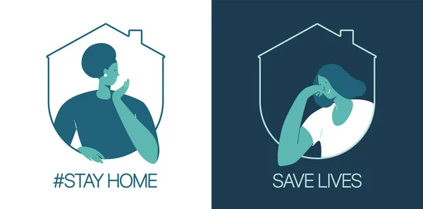 Rester à la maison, sauver des vies. Campagne sur les médias sociaux visant à prévenir la propagation de l'épidémie de coronavirus COVID-19 . — Image vectorielle