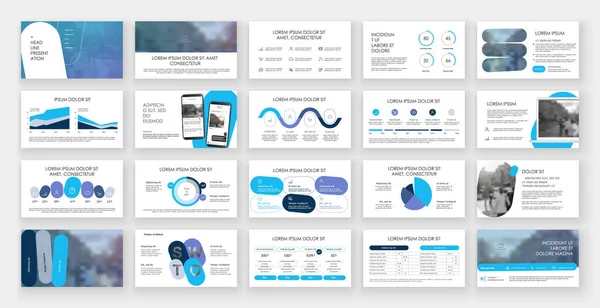 Μπλε στοιχεία προτύπων παρουσίασης σε λευκό φόντο. Διανυσματικά infographics. Χρήση σε Παρουσίαση, φυλλάδιο και φυλλάδιο, εταιρική έκθεση, μάρκετινγκ, διαφήμιση, ετήσια έκθεση, banner. — Διανυσματικό Αρχείο