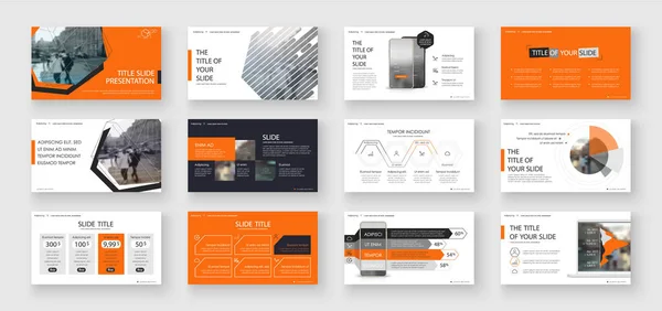 Geometrikus Orange Presentation Element sablonok. Vektor infografika. Bemutatás, szórólap és szórólap, SEO, Marketing, Webinar Landing Page Template, Webdesign, Banner. — Stock Vector