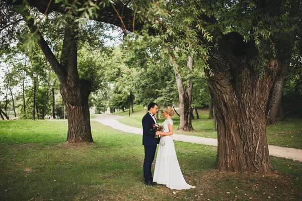 Noiva e noivo tendo um momento romântico em seu dia do casamento — Fotografia de Stock