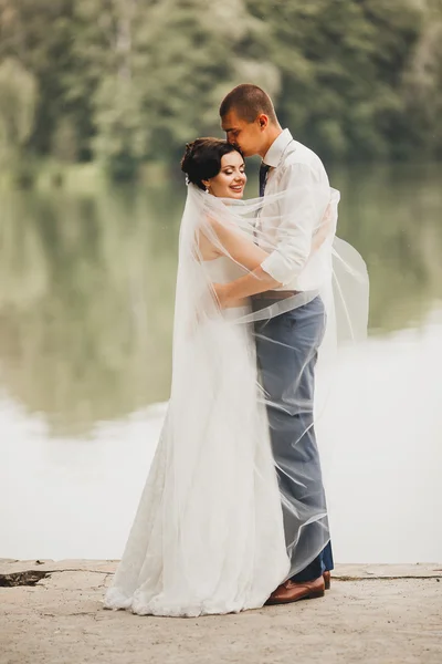 Bruid en bruidegom met een romantisch ogenblik op hun trouwdag — Stockfoto