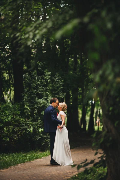 Novia y novio teniendo un momento romántico en el día de su boda — Foto de Stock