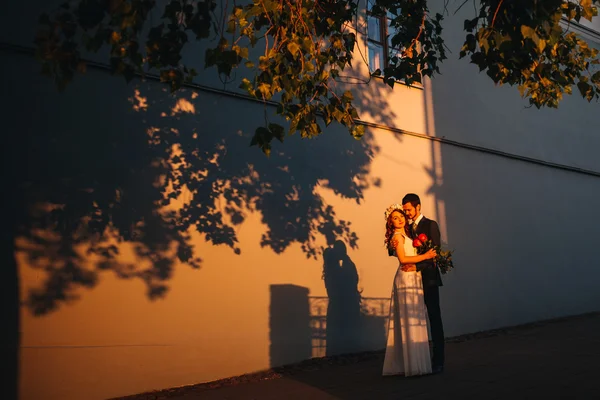 Unga bröllop par njuter av romantiska stunder utanför — Stockfoto