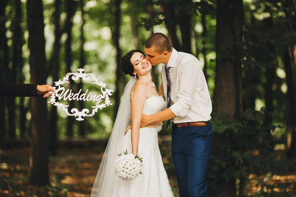 Noiva e noivo tendo um momento romântico em seu dia do casamento — Fotografia de Stock