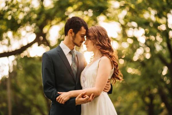 Bride and groom having a romantic moment on their wedding day — Stock Photo, Image