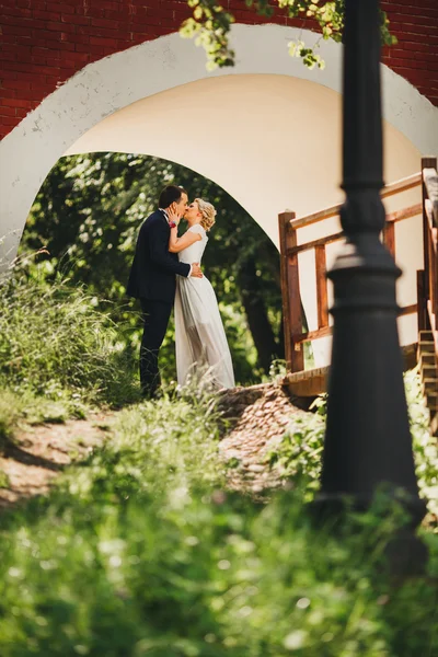 Bruid en bruidegom met een romantisch ogenblik op hun trouwdag — Stockfoto