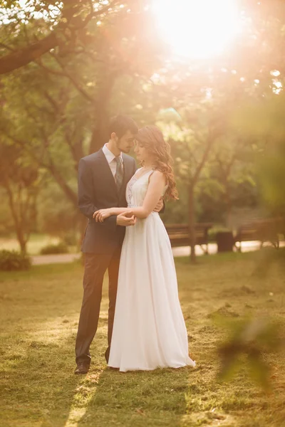 外ロマンチックな瞬間を楽しむ若い結婚式のカップル — ストック写真