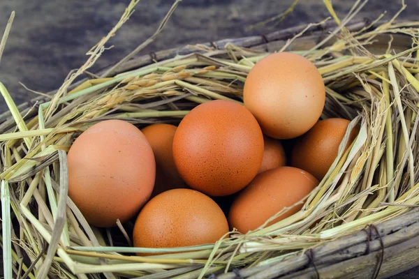 Brown eggs in nest hen eggs on wooden background