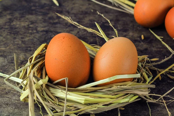 Oeufs bruns dans les œufs de poule de nid sur fond en bois — Photo