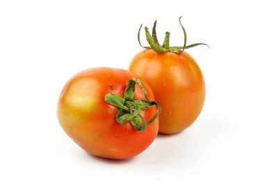 Beyaz arka planda yeşil yapraklı taze domatesler.