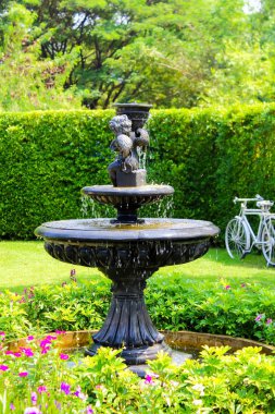 Küçük çeşme ve taş tezgah yeşil çim Bahçe Bitkileri ağaçlar çalılar