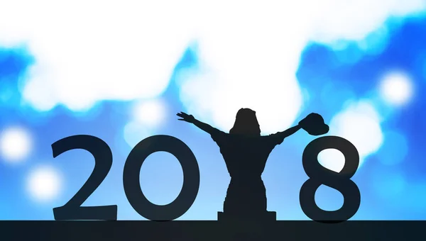 Jonge vrouw silhouet zittend op de grond, voor 2018 Nieuwjaar — Stockfoto