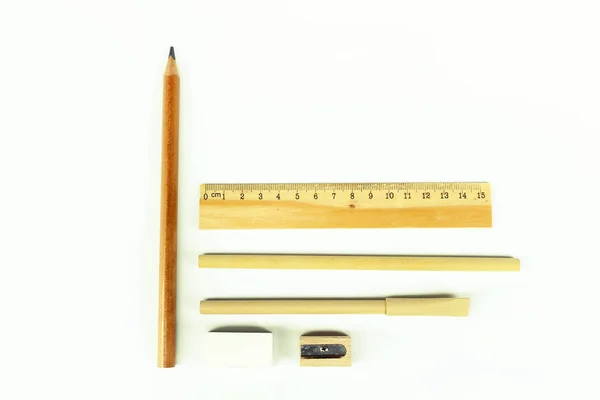 Set Wooden Writing Tools Pencil Pen Ruler Eraser Sharpener Book — Stock Photo, Image